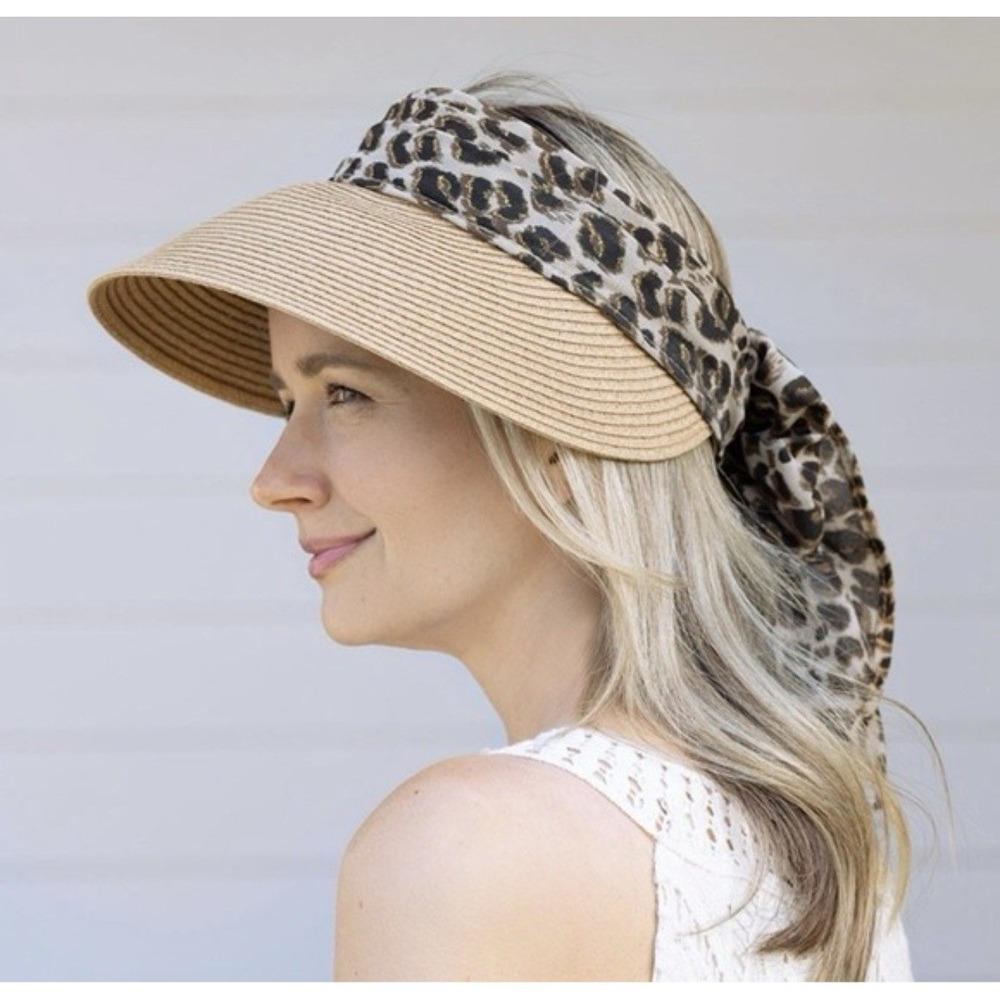 August Hat Company Leopard Print Scarf Tie Straw Visor Tan Brown RN 67508 - Picture 7 of 8